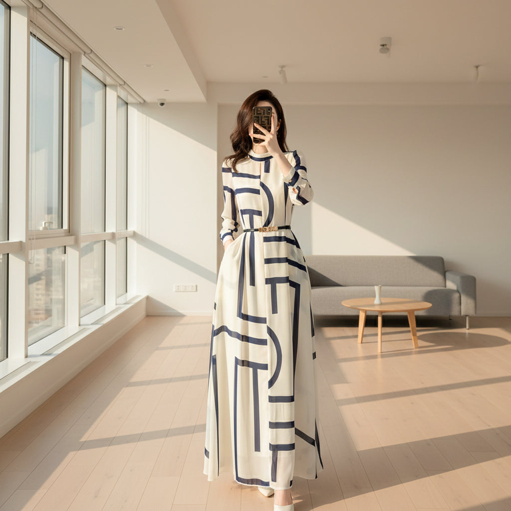 Person wearing a white dress with blue geometric patterns, standing in a room with abstract art on the wall.