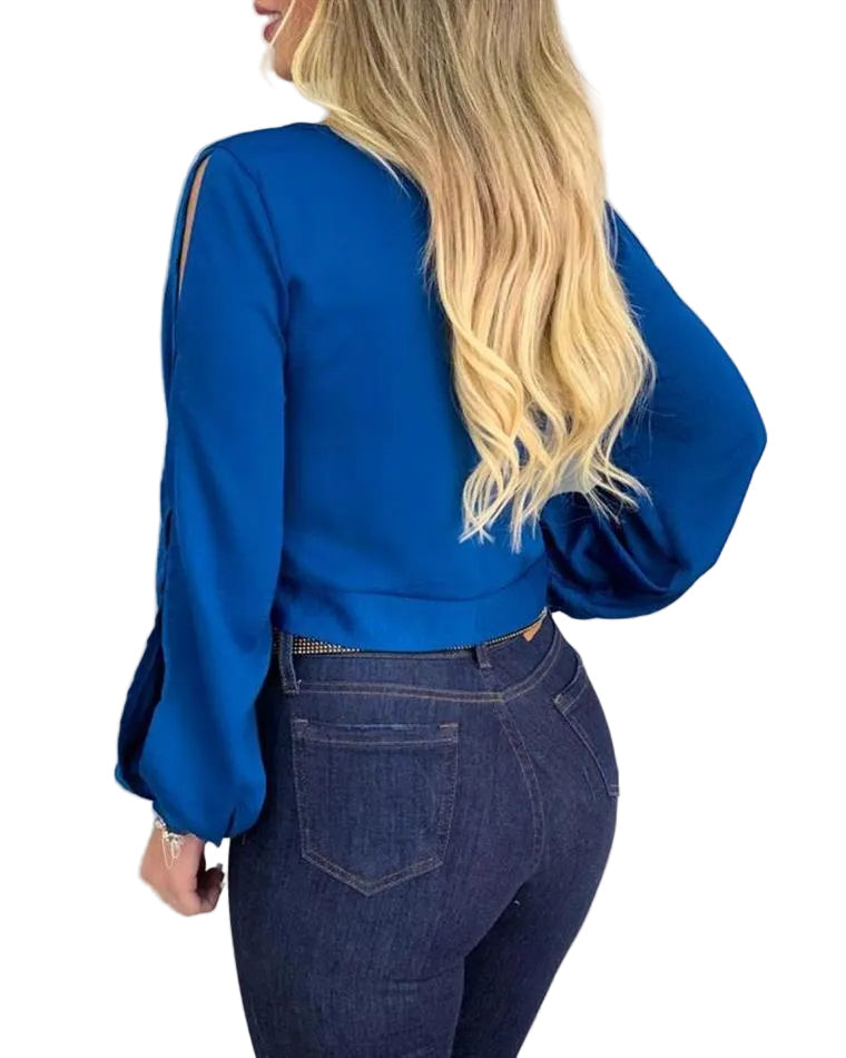 Women's blue tie-front top