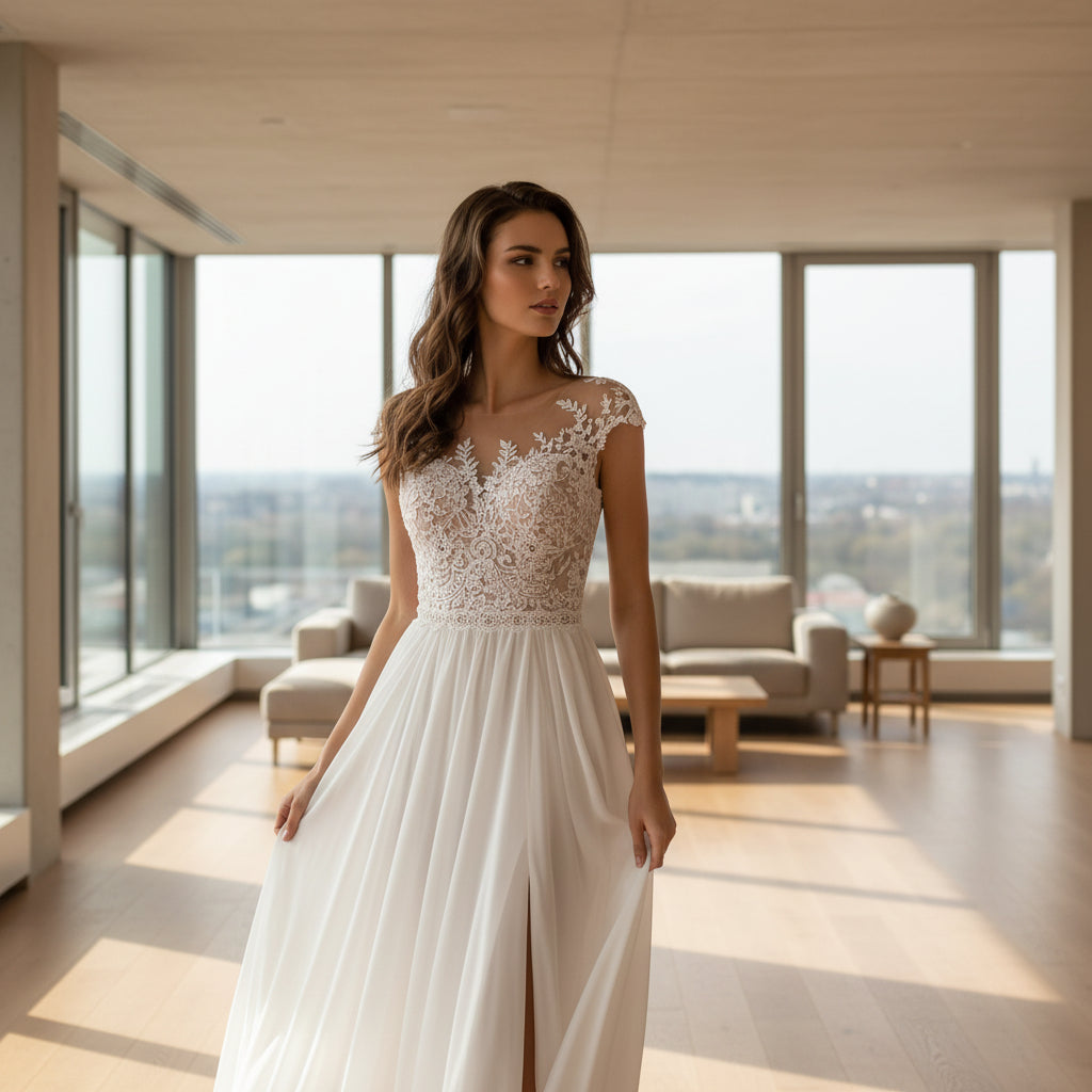 Woman in a white wedding dress with a high slit standing on a beach.