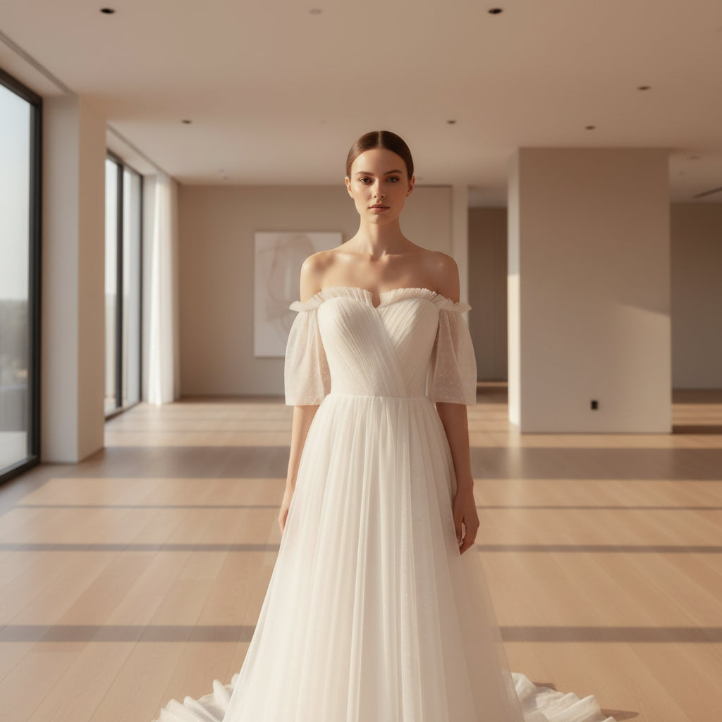 Close-up of a white tulle dress with sheer sleeves on a blurred background