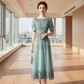Woman wearing a light blue lace dress against a gray background