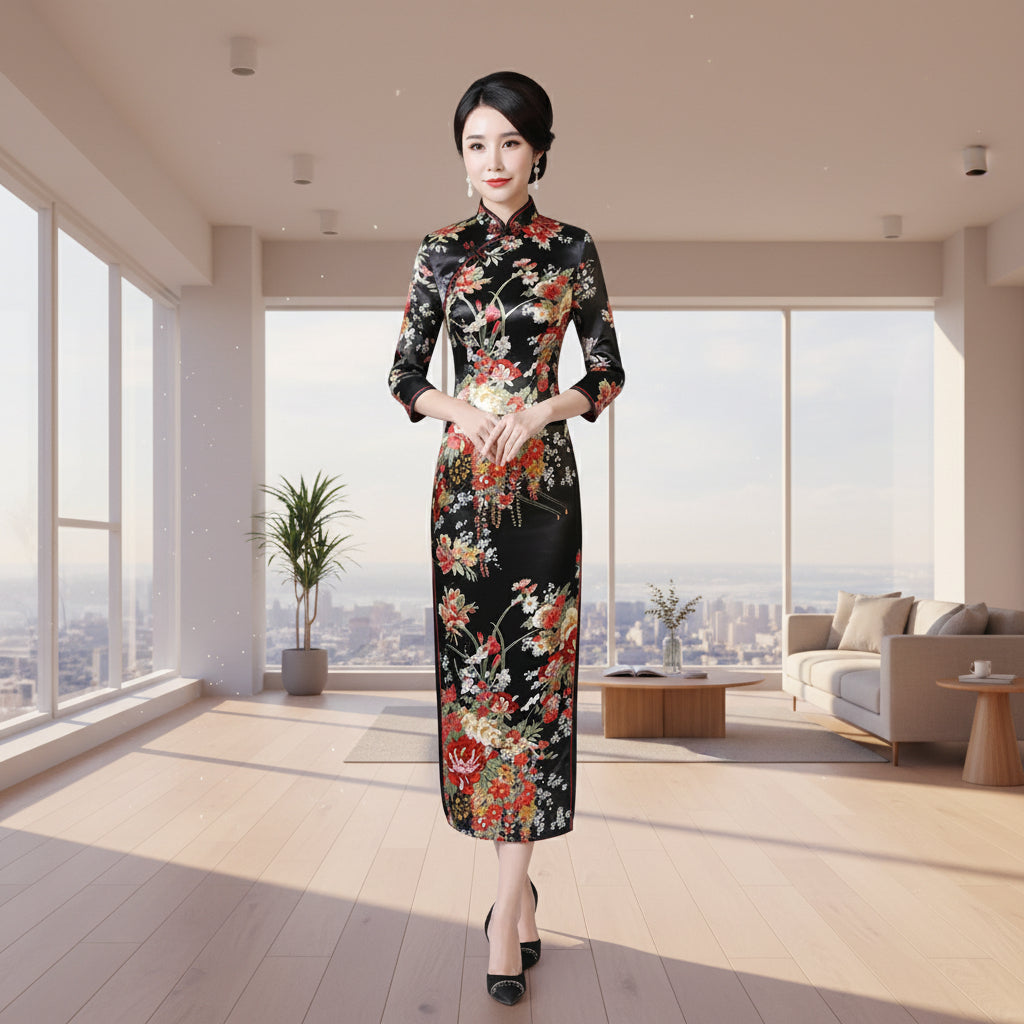 Woman in a floral dress standing in a room with decorative elements.
