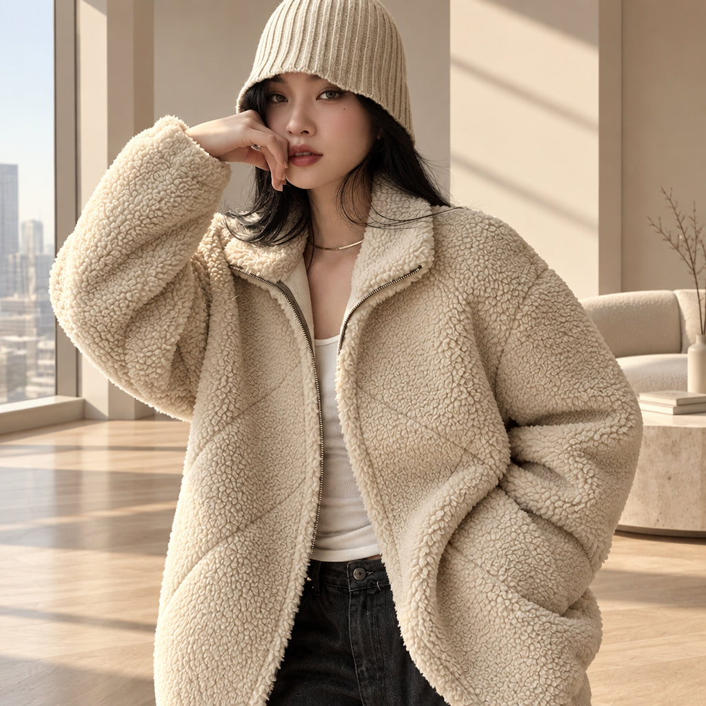 Women's beige quilted padded winter coat