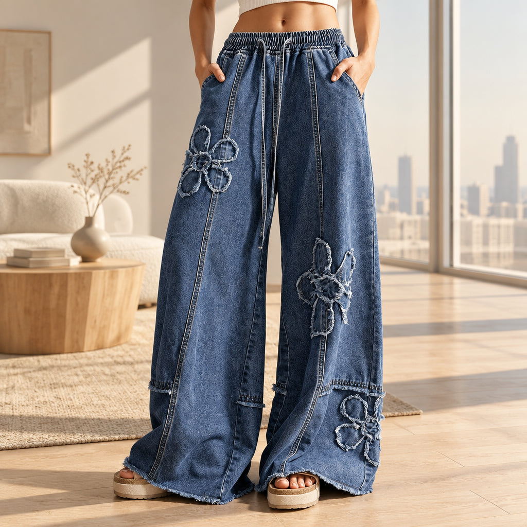 Women's dark blue embroidered wide leg jeans