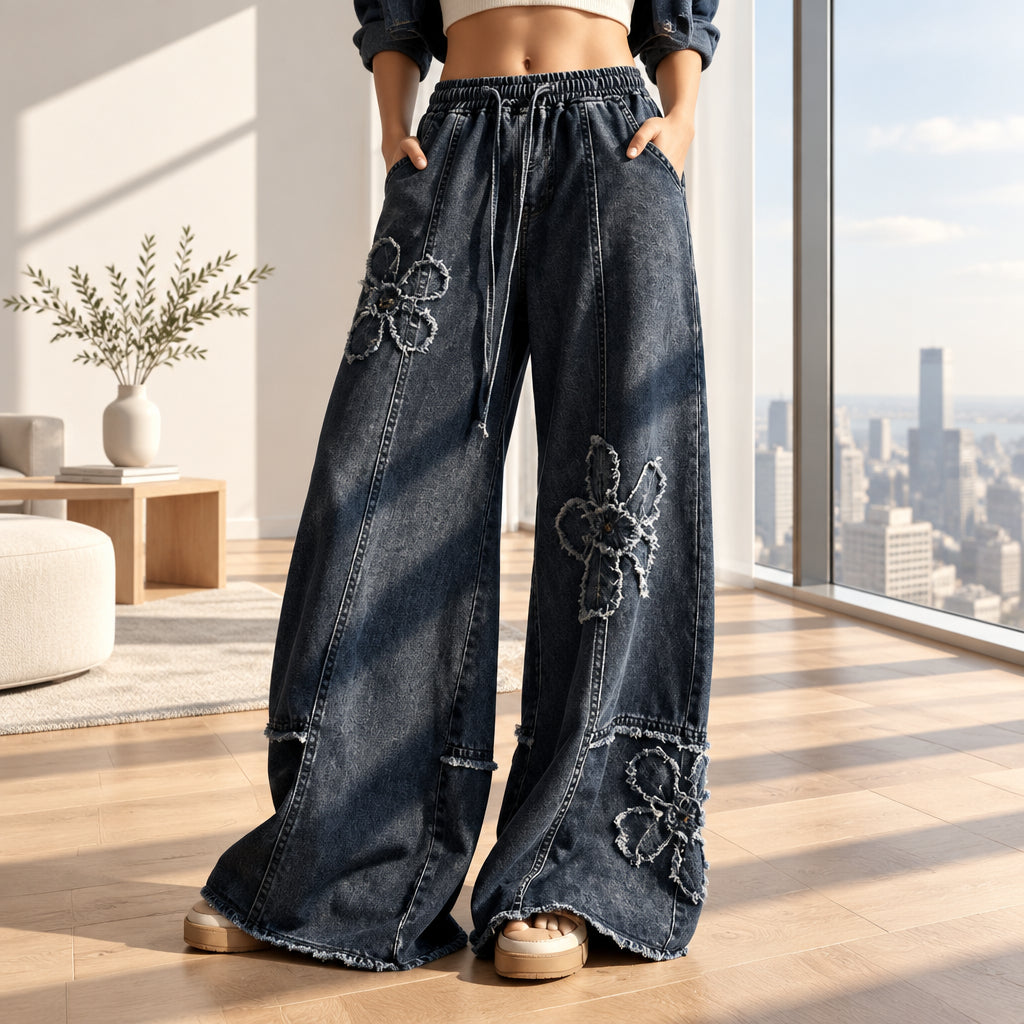 Women's dark blue embroidered wide leg jeans