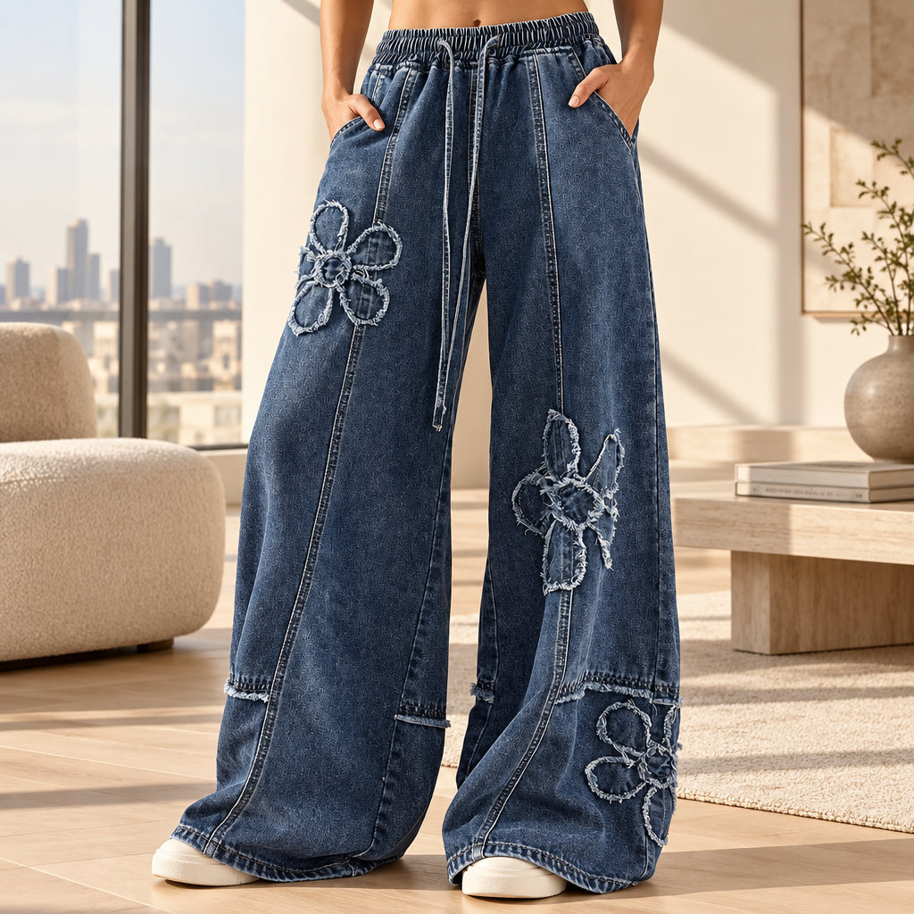 Women's dark blue embroidered wide leg jeans