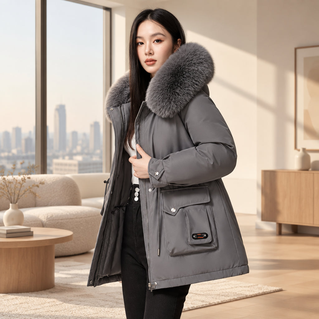 Women's gray padded hooded winter coat