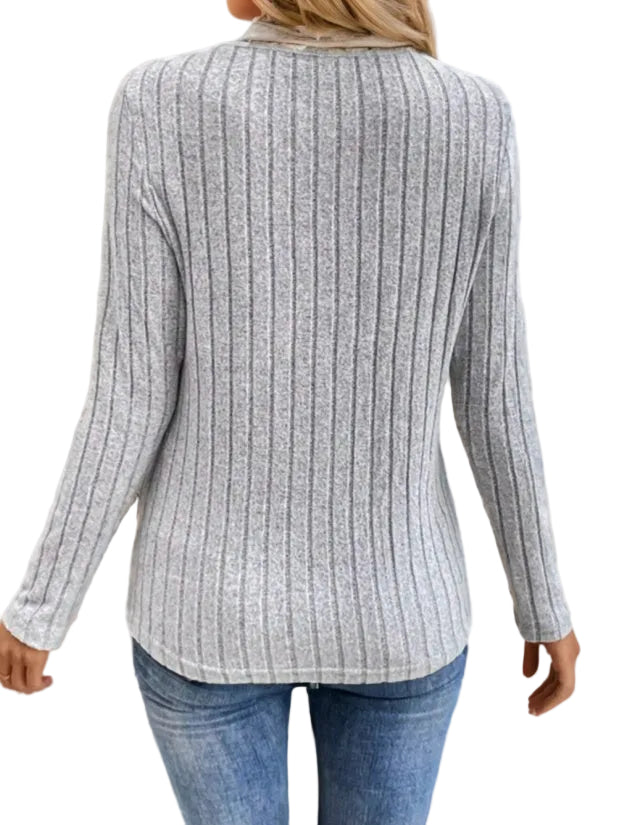 Women's gray ribbed V-neck sweater
