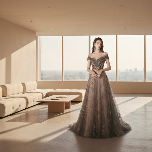 Woman in a glamorous evening gown with sequin details against a plain background