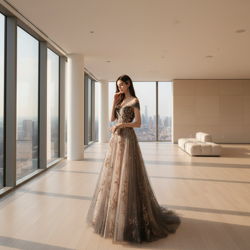 Woman in a glamorous evening gown with sequin details against a plain background