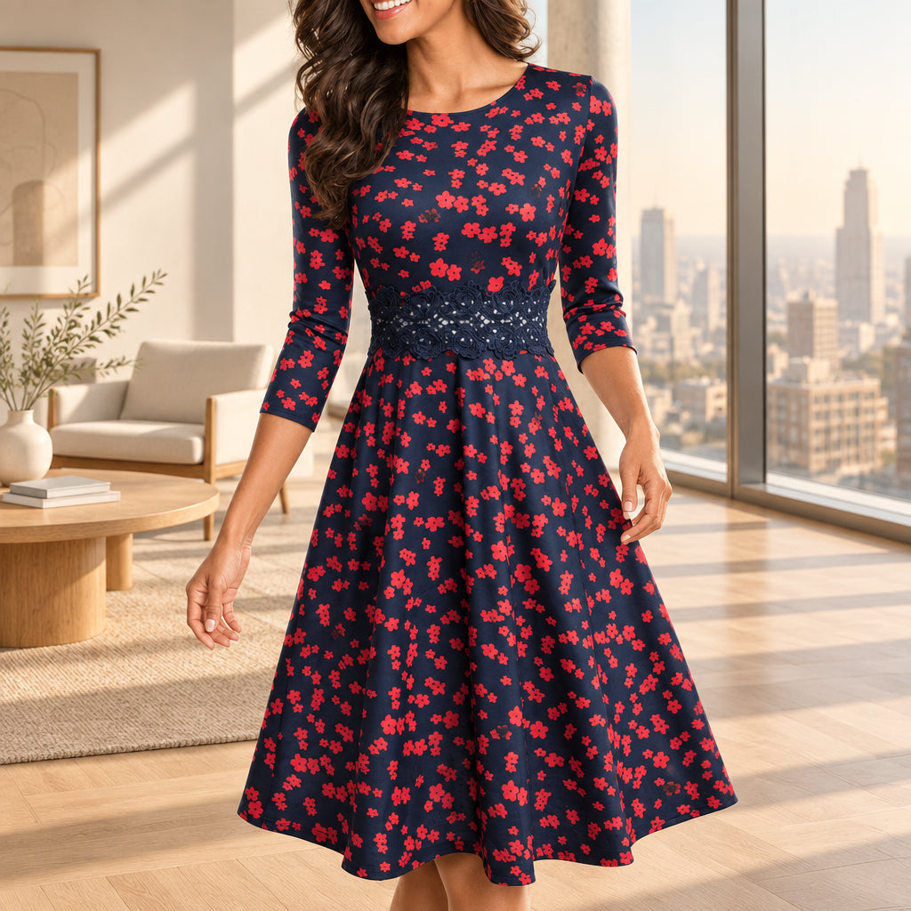 Women's navy blue and red floral midi dress
