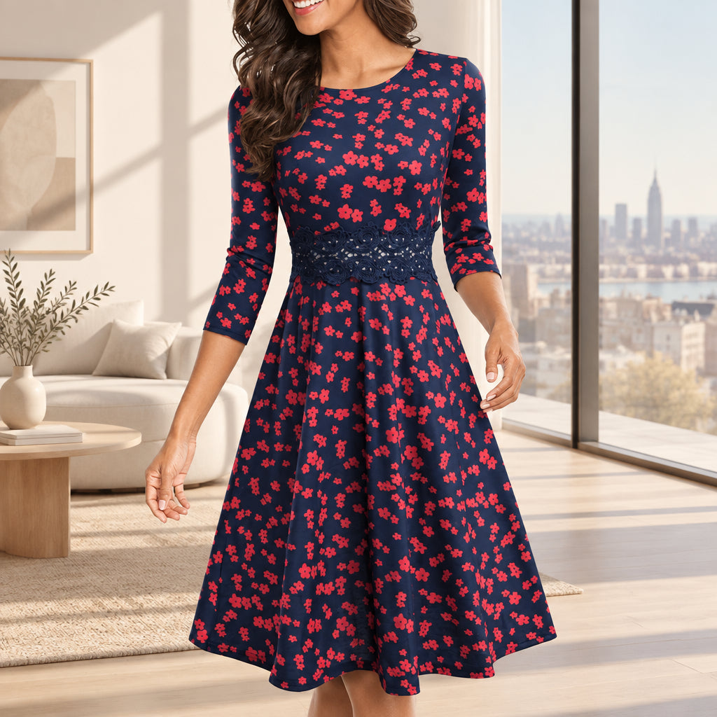 Women's navy blue and red floral midi dress