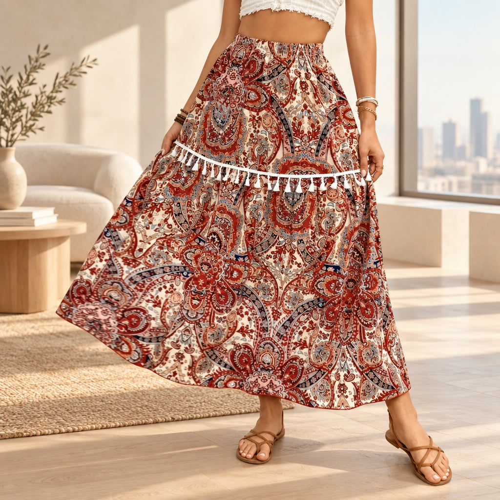 Women's red and cream paisley maxi skirt
