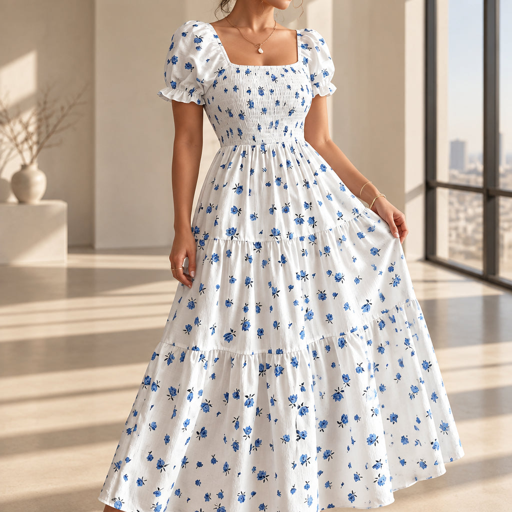 Women's white and blue floral midi dress