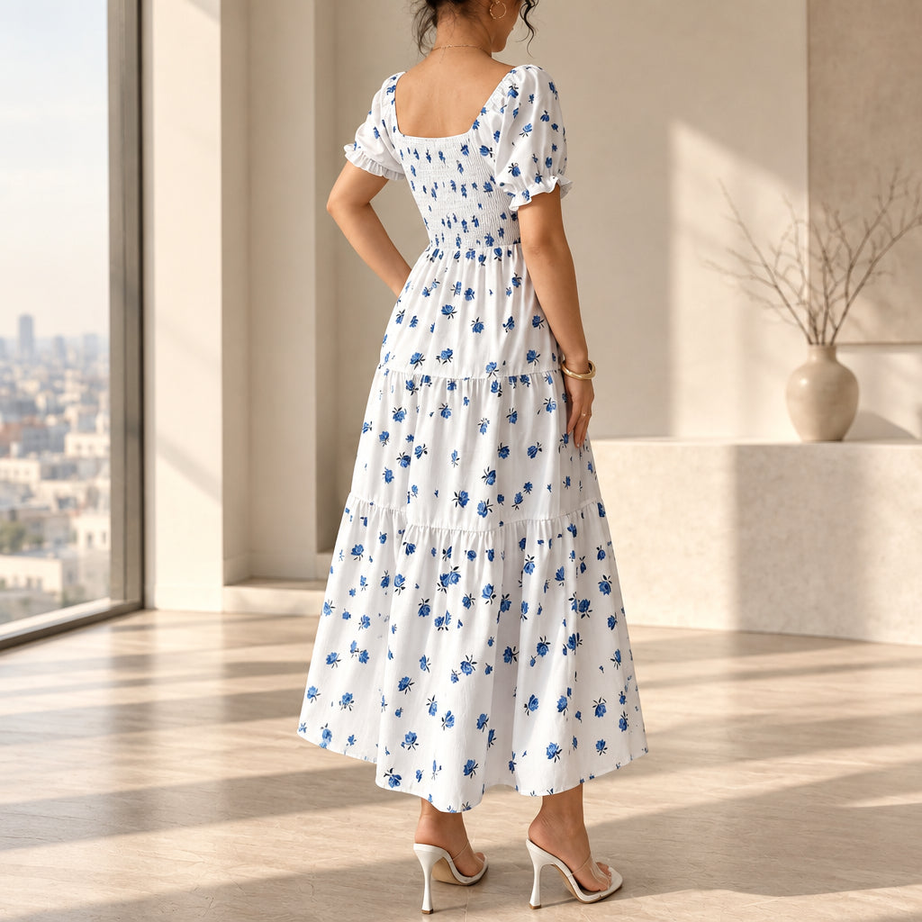 Women's white and blue floral midi dress