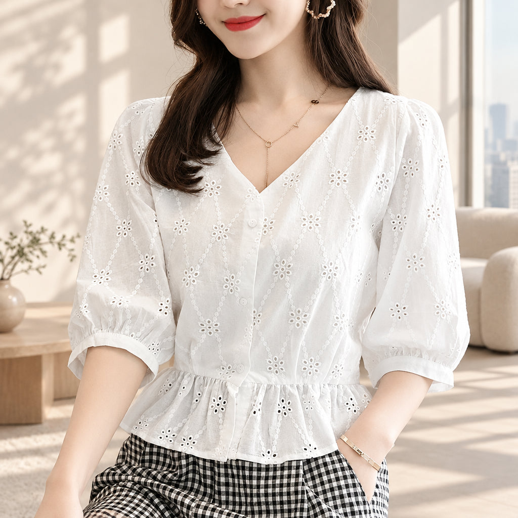 Women's white eyelet embroidery blouse