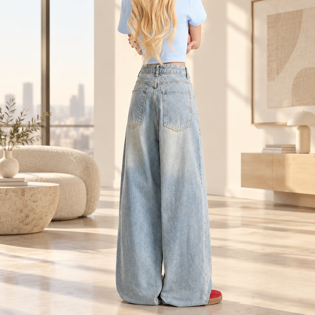 Women's light blue cartoon embroidered jeans