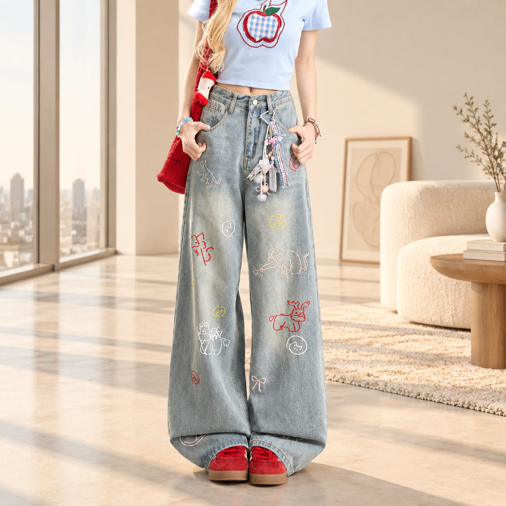 Women's light blue cartoon embroidered jeans