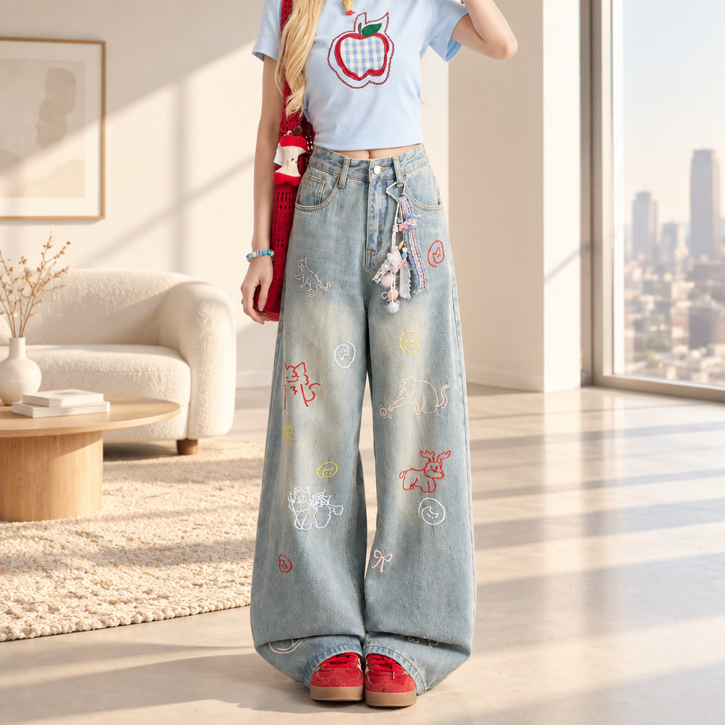 Women's light blue cartoon embroidered jeans