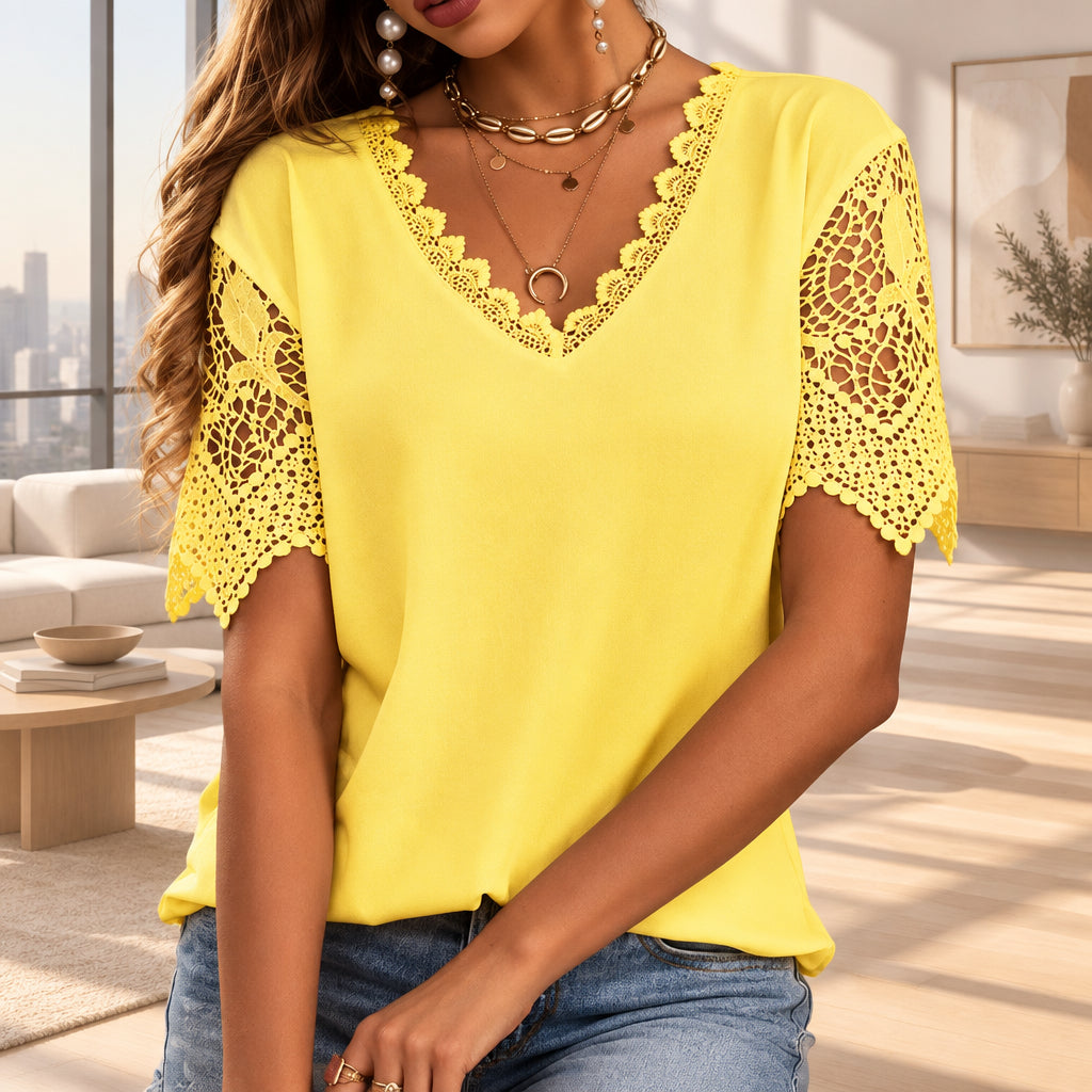 Women's yellow V-neck top with lace sleeves